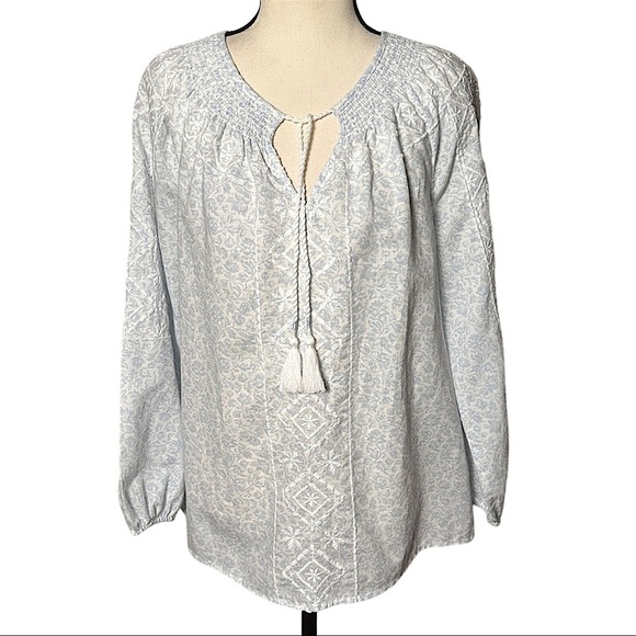 Joie Linen Blend Embroidered Peasant Top Tassels Smocked Neck Flowy Preppy Beach - Picture 1 of 17